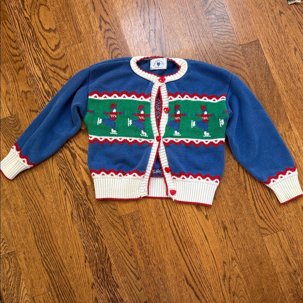 Blue and Green Knit Cardigan with Snowman Design